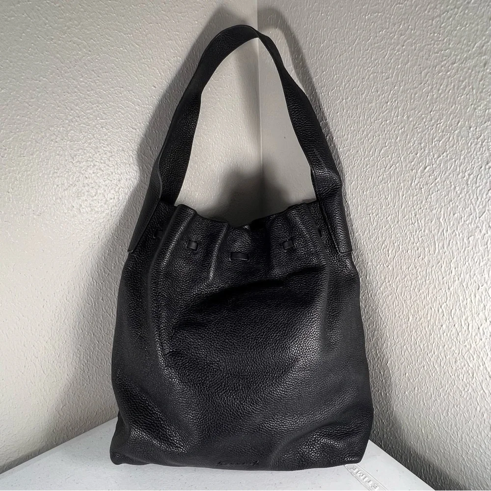Elizabeth and James Teddy Leather Hobo Handbag Black Drawstring Single Strap